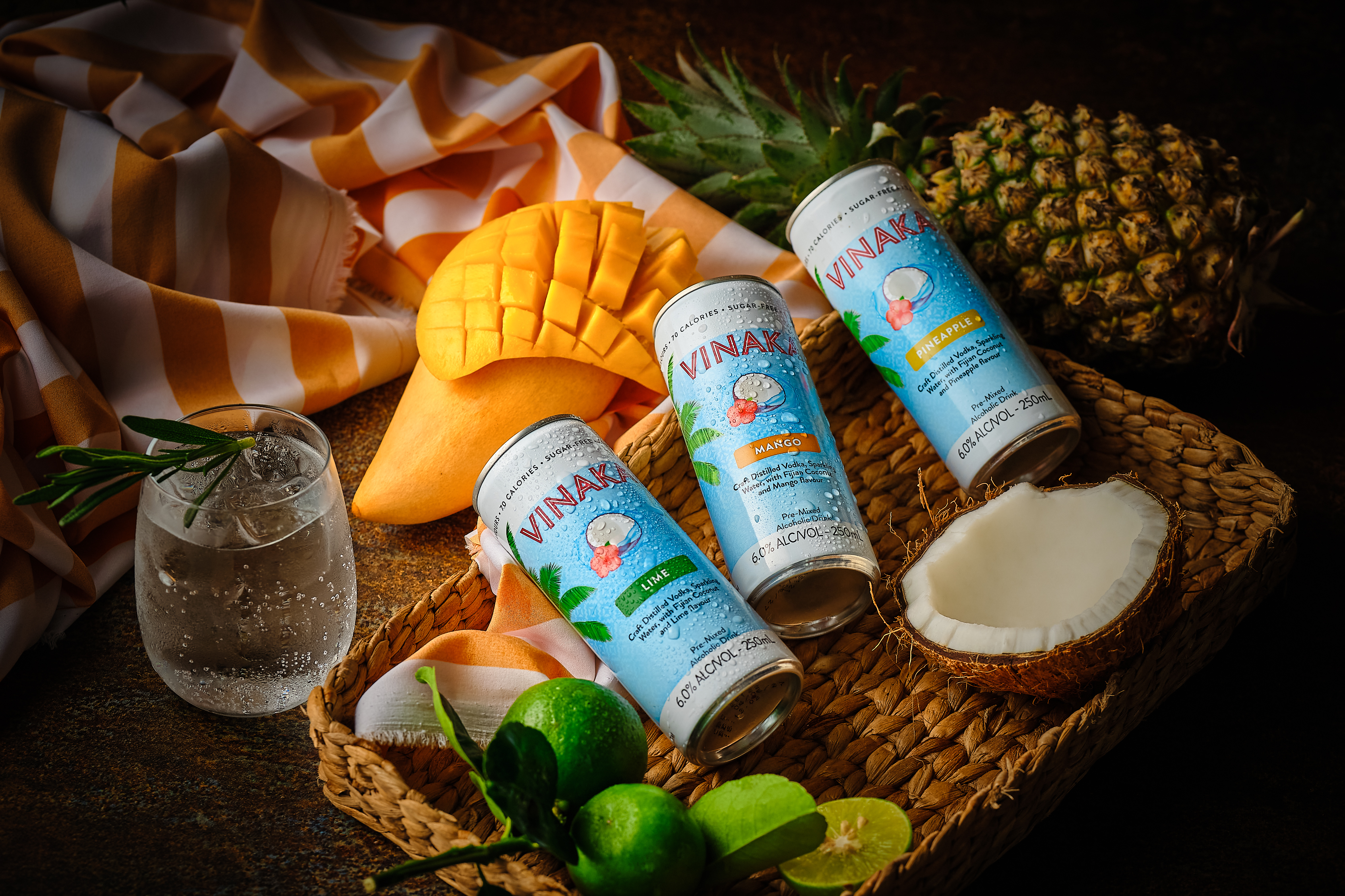 Vinaka Soda Seltzers on woven basket