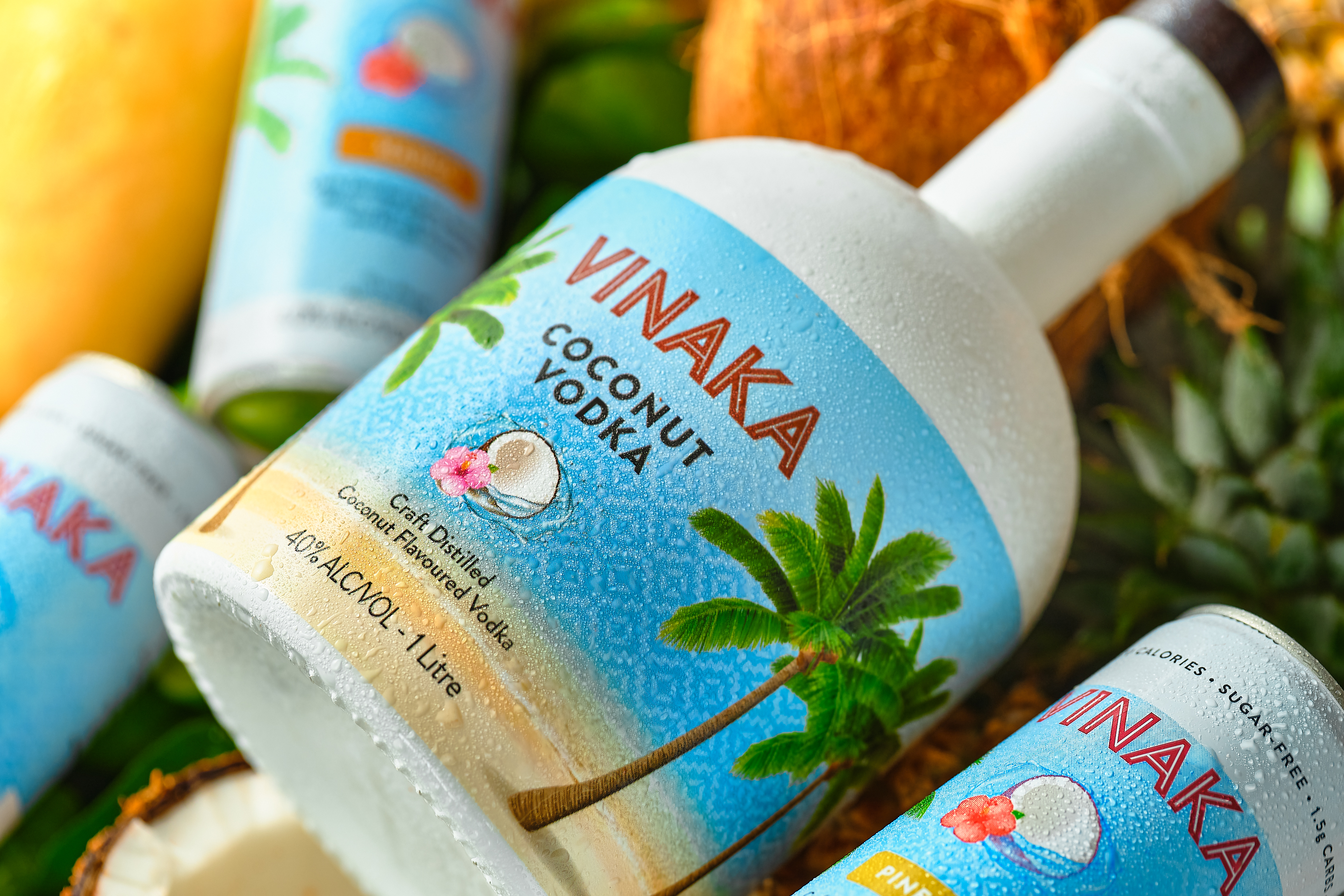 Closeup of Vinaka Coconut Vodka bottle